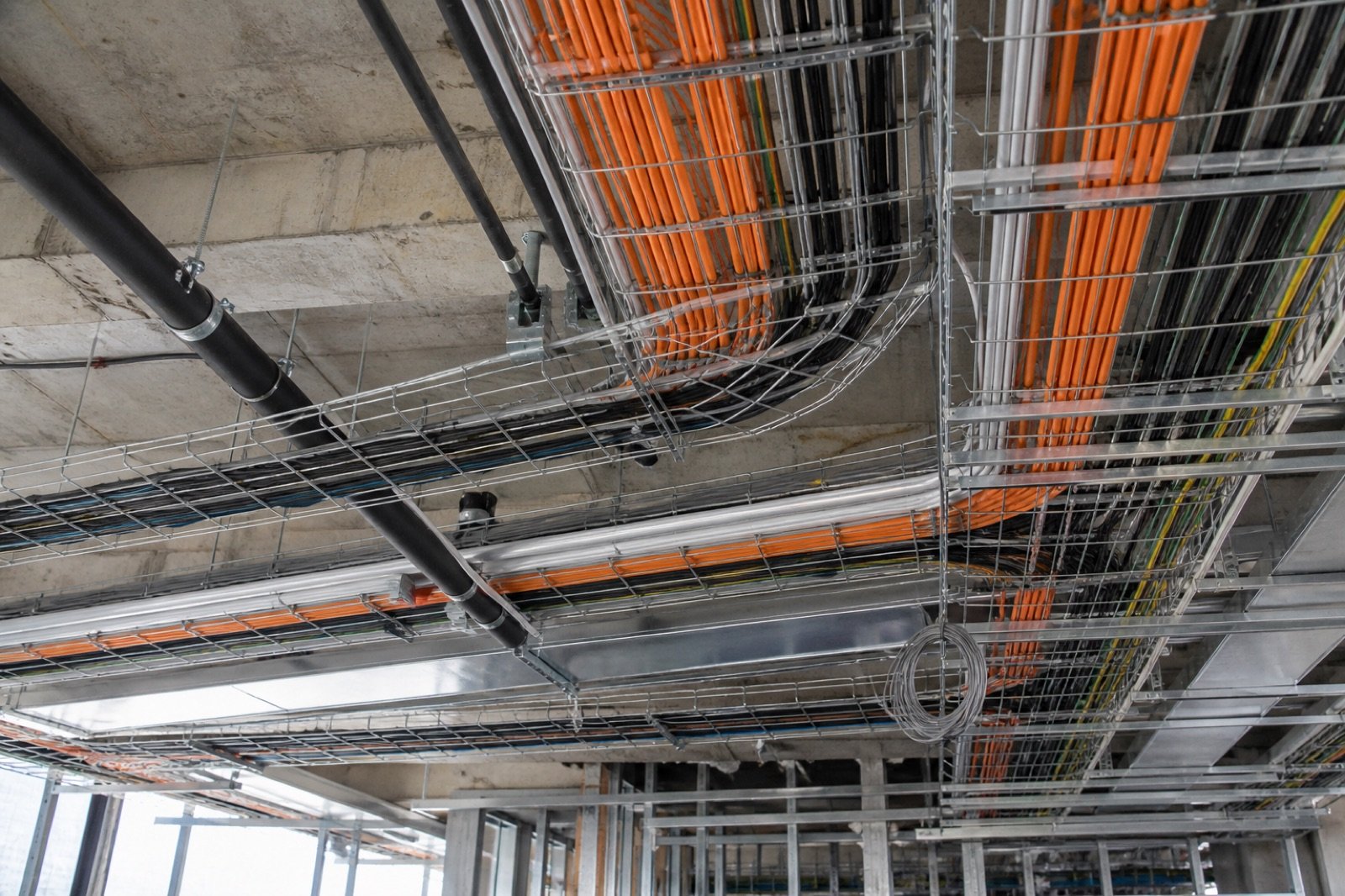 Cable trays with power cables in a commercial building