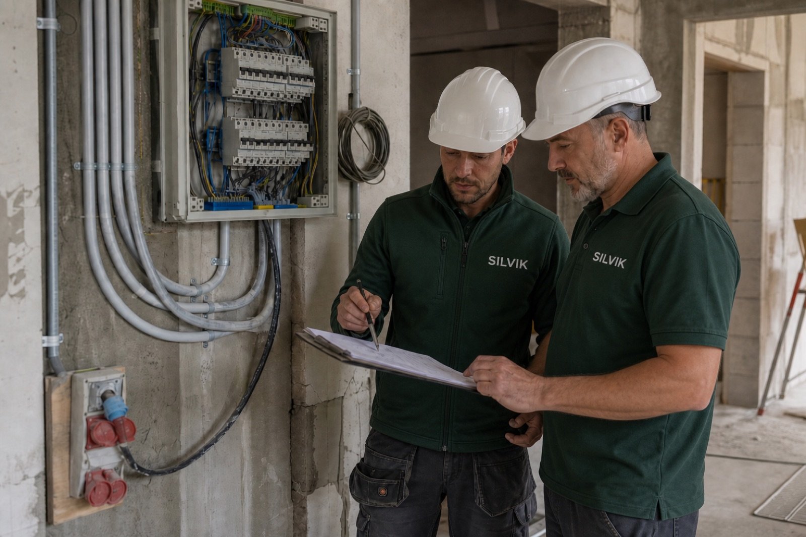 Electricians coordinating installation with construction plans on site