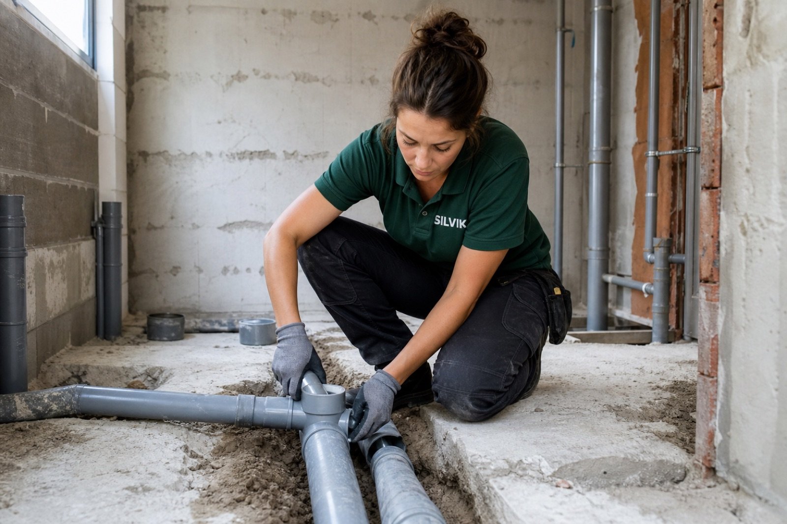 SILVIK plumber installing sanitary drain pipes on site
