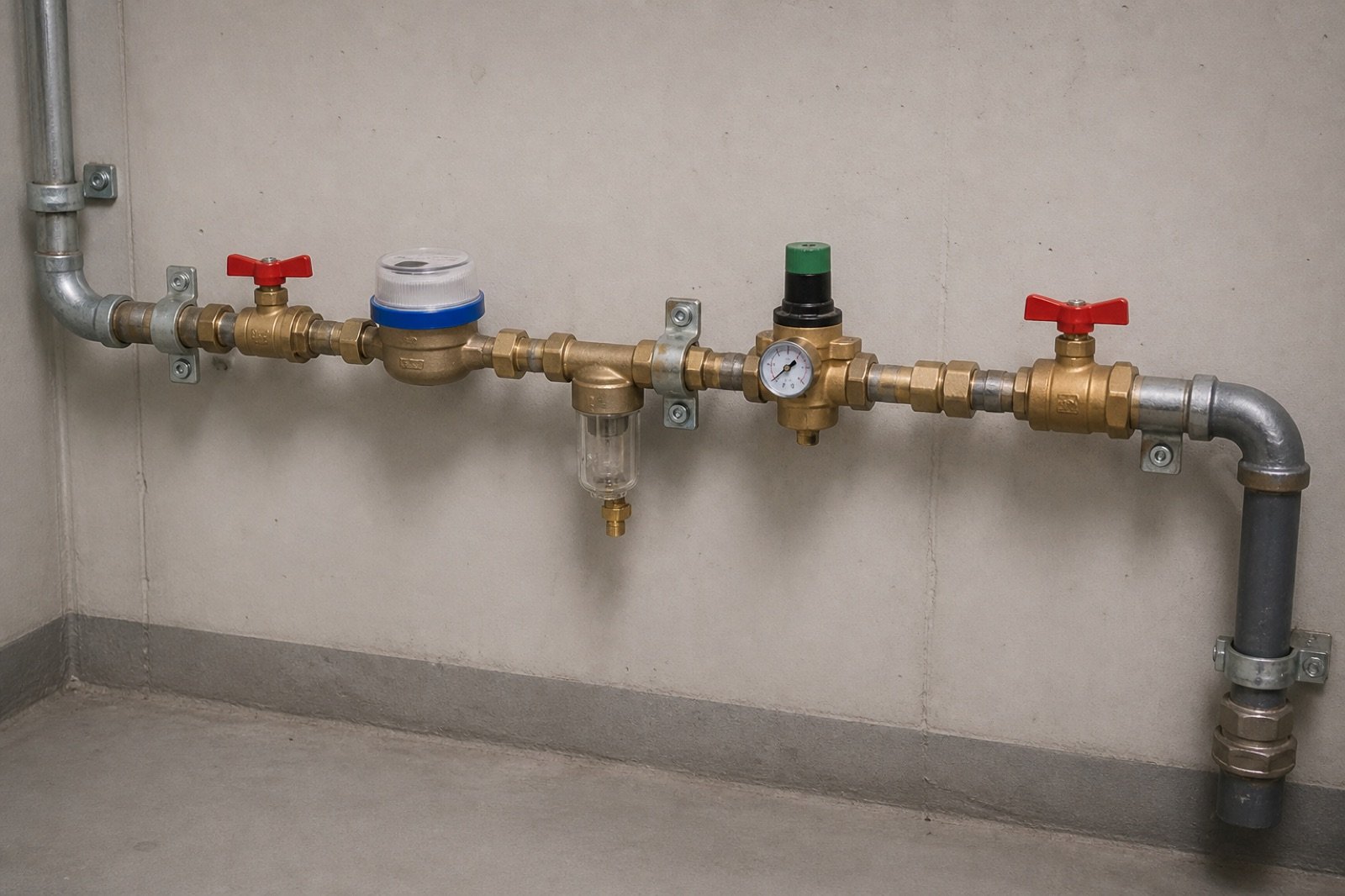 Water meter and main supply valves in a technical room